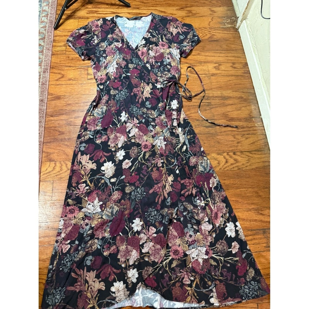 Peruvian Connection Floral Maxi Wrap Dress Burgundy Mauve Boho V-Neck Womens M